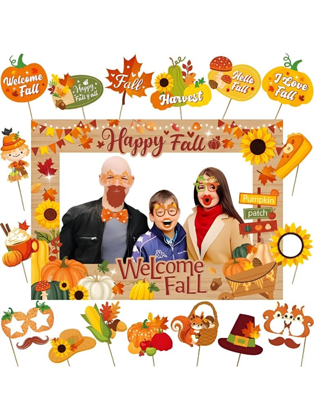 Fall Photo Booth Frame and Props with Wooden Stick Pumpkin Maple Leaf